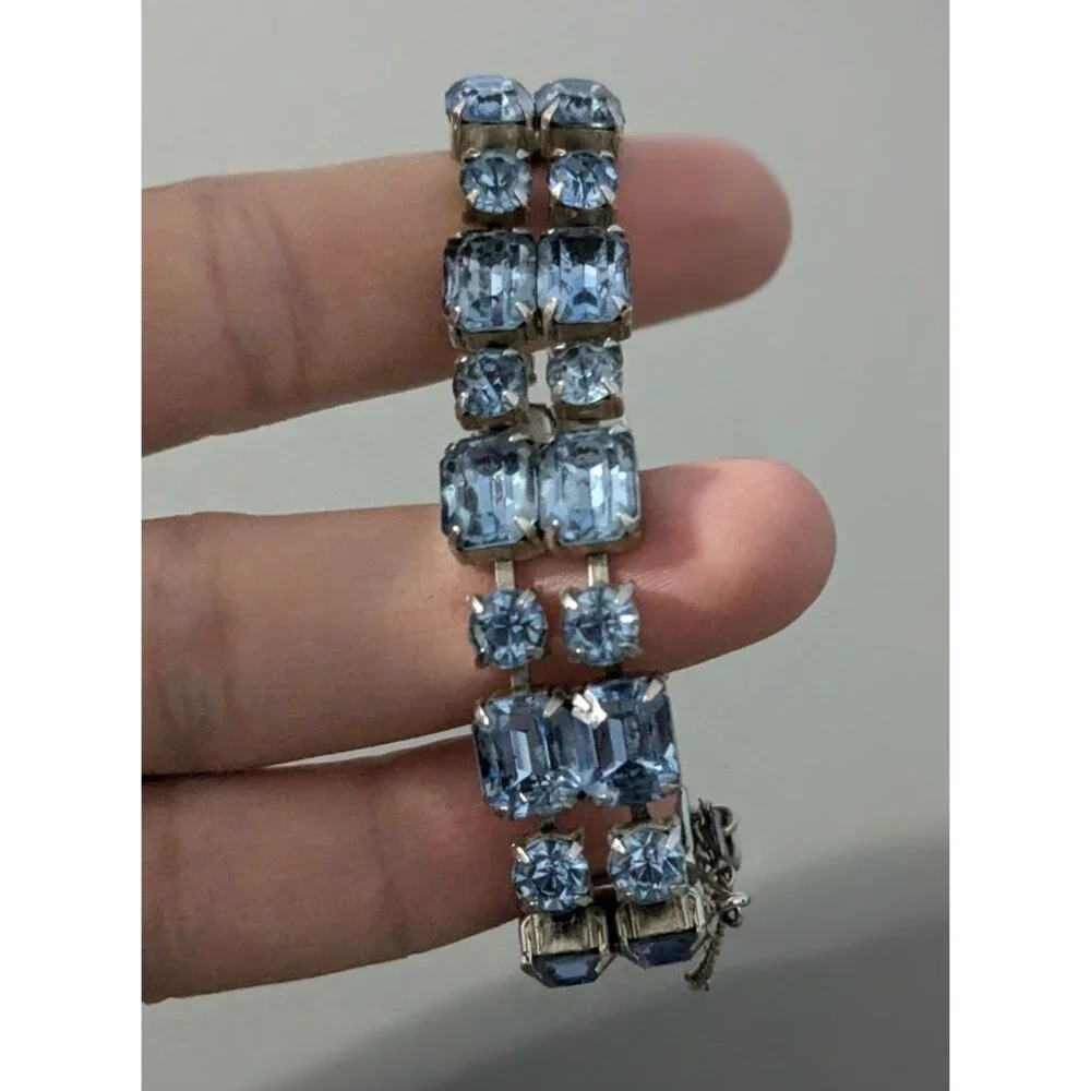 Vintage Silver Tone Blue Crystal Bracelet With Safety Clasp - Picture 2 of 9